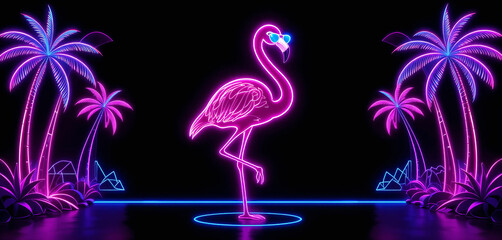 Pink flamingo neon light with sunglasses floats in an inflatable circle illustration, Retro 90s Style on Black Background, Summer minimal concept.