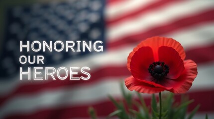serene Veterans Day or Memorial Day wallpaper with a gently waving American flag and a red poppy, symbolizing peace and remembrance, Memorial Day Remembrance