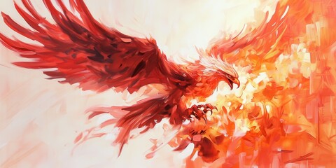 Mityczny feniks w płomieniach, symbol odrodzenia i nadziei, artystyczna ilustracja.