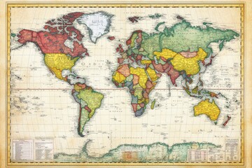 Vintage world map with colored countries