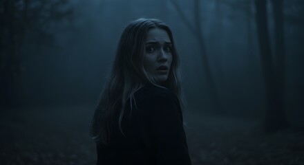 Terrified Woman Alone in Misty Forest at Night with Dramatic Lighting