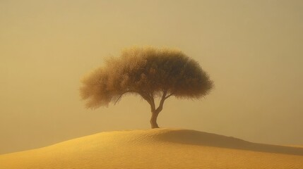 Solitary desert tree on a dune, hazy golden light