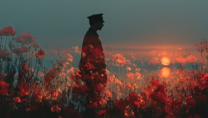 A double exposure of the silhouette of an old soldier standing among poppies at sunset. 
