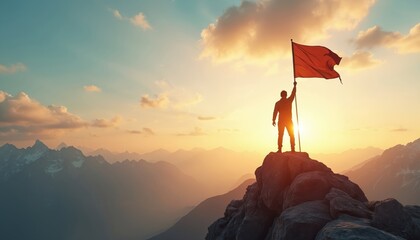 Man plants flag peak, achieving success. Silhouette figure against sunset sky over mountain range. Business, career concept, triumph, victory, leadership, challenge, motivation, goal, freedom.