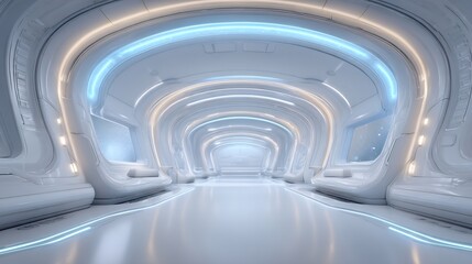 Sleek, futuristic interior design of a corridor.