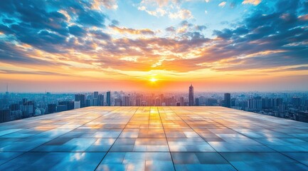 Empty rooftop overlooking a cityscape at sunset