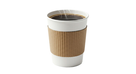 Hot coffee in paper cup with sleeve for morning caffeine boost takeaway coffee shop drink isolated on transparent background