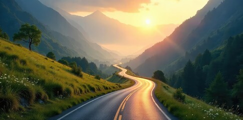A winding road disappears into a misty, sunlit valley, symbolizing an uncertain but promising future path ahead The journey is long, but the destination is bright , guidance, way