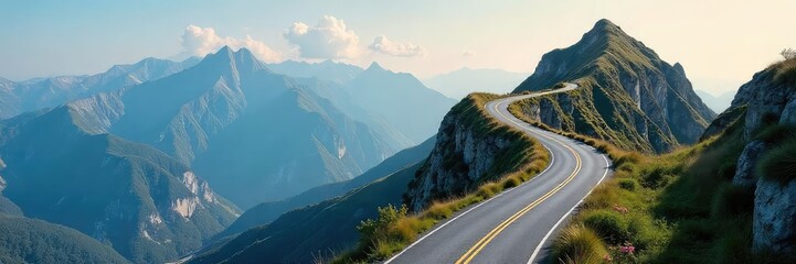 A winding road ascending a mountain, symbolizing the journey and progress of a career path Aspiring, achievement, growth, and success are visually represented , destination, goal