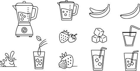 Smoothie ingredients icon set – solid style mixology and beverage symbols for healthy lifestyle: blender, banana, strawberry, ice cubes, glass, juice pour, splash