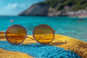 Sunglasses on beach towel, ocean view, summer vacation
