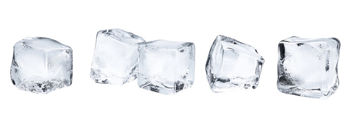 A close up studio shot of five ice cubes in a row on a black background with light reflecting off them