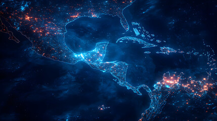 Latin America Azure Map Luminous Style Geographic Regions Blue Hues Continental Cartography South American Nations Vibrant Design Illuminated Mapping Distinctive Color Palette