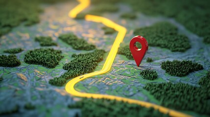 A red location marker on a detailed map of a region with roads and forests.