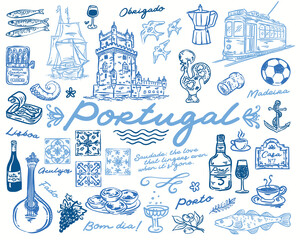 Whimsical collection of hand drawn Portugal symbol vector illustrations
