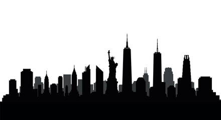 Silhouette of new york city skyline featuring iconic statues and skyscrapers
