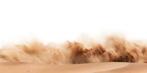 sandstorm in desert with sand dunes and sky isolated on white or transparent png