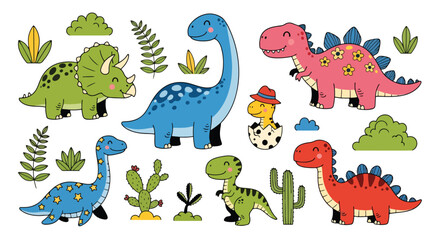 Adobe Illustrator Artwork Set of Adorable cartoon dinosaur collection with various species and playful expressions, surrounded by cheerful plants. Perfect for children's designs and prehistoric themes