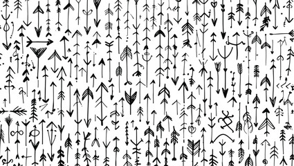 Hand-Drawn Arrow Pattern: Black and White Design Featuring Unique, Doodle-Style Arrow Illustrations.