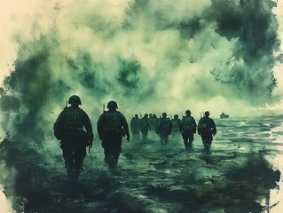 Soldiers landing on normandy beach during d day invasion, world war ii