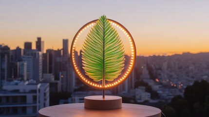 Illuminated green leaf sculpture on a wooden base.