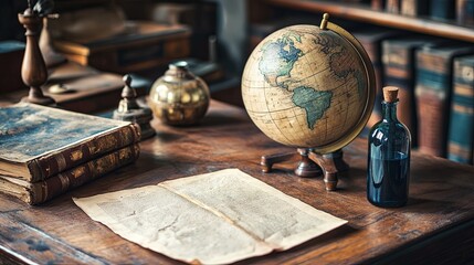 A globe, ink bottle, and parchment on oak desk.