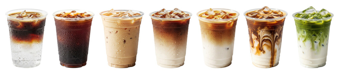 iced coffee types in a plastic cup: iced espresso tonic, americano, oat milk latte, caramel latte, matcha latte