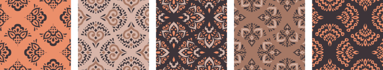 Collection of Moroccan style seamless pattern. Creative mediterranean interior design. Ethnic ornament swatch set. Azulejos tiles vector illustration. Modern Spanish talavera.