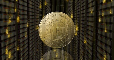 Image of coin with nft and lights over servers