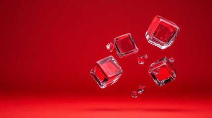 Floating ice cubes on red background in high speed minimalist drink splash photography setup scene