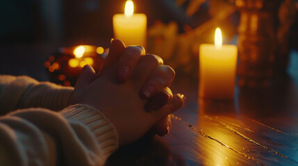Calm hands clasped together in prayer near glowing candles, creating serene atmosphere