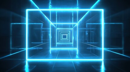 Abstract futuristic blue neon tunnel background with glowing lines and square frames on black space, technology corridor featuring floor reflection for game interfaces, cybersecurity themes or archite