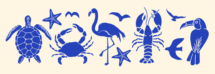 Tropical marine animal silhouette set in bold blue. Includes crab, turtle, flamingo, toucan, lobster, starfish, and birds. Perfect for beach, summer, and ocean-themed designs.