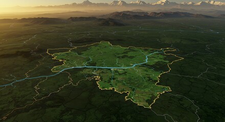 Aerial View of Green Landscape with Mountains and River