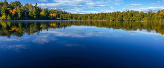 Still, glassy Muskoka lake reflecting trees, calm surface, photography, still