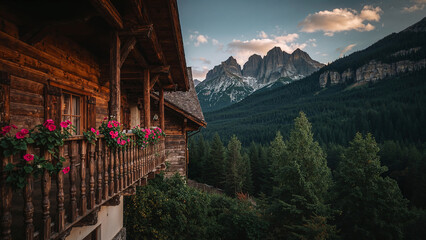 Paesaggio al tramonto di una baita in legno detta anche chalet in montagna sulle Alpi in mezzo ai boschi con fiori gerani sul balcone in estate