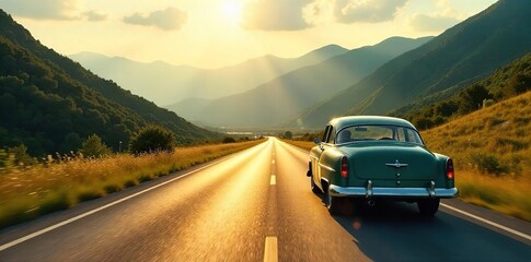 A vintage car speeds down a scenic highway, bathed in golden sunlight, with lush green mountains in the background The open road stretches endlessly ahead, promising adventure , wheels, freedom