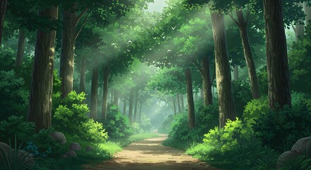Anime Forest Path with Sunlight and Lush Greenery