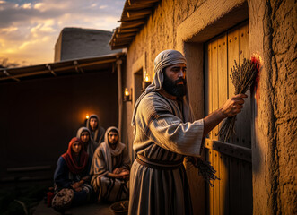 Passover in Egypt – Hebrew Man Painting Lamb’s Blood on Doorpost at Twilight, Sacred Act of Protection During the Tenth Plague from the Exodus