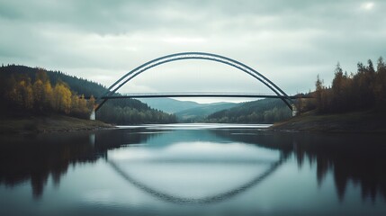 Scenic bridge over calm water with forest and mountain views for travel and landscape photography lovers