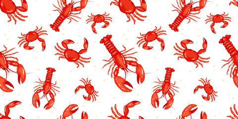 Seamless pattern of red lobsters and crabs on a white background. Ideal for seafood-related designs, restaurant branding, kitchen decor, or marine-themed artistic projects