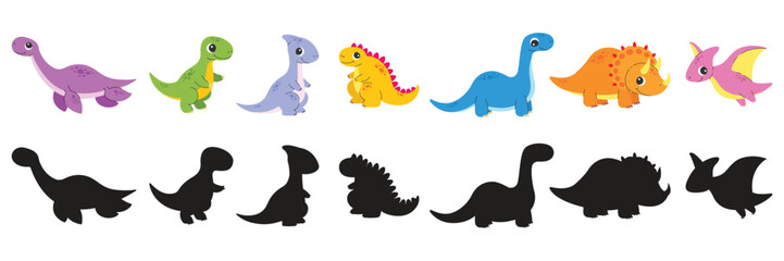 Different types of dinosaurs and their silhouettes. Vector cartoon illustration