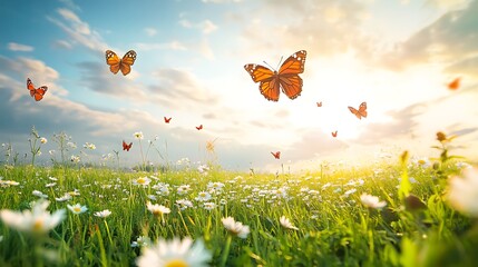 Monarch butterflies flying over a sunny wildflower meadow
