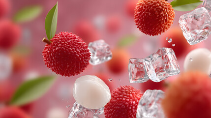 A refreshing and vibrant composition showcases a luscious lychee fruit, accompanied by ice cubes, and capturing the freshness and coolness.