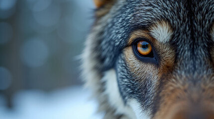 Macro Close-Up of Wild Wolf’s Eye with Amber Iris and Detailed Fur Texture in Winter Forest