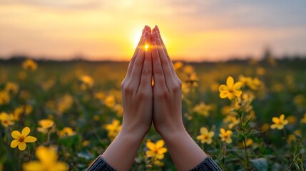 Hands clasped in prayer at sunset over a field of wildflowers
