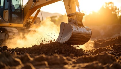 Excavator digging sunset earthworks.
