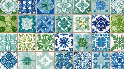 Pattern of azulejos tiles, watercolor illustration style