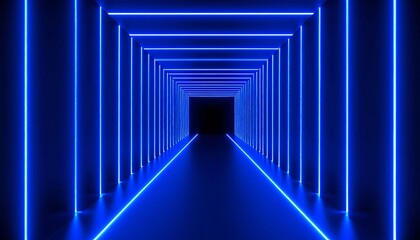 Blue neon tunnel with futuristic perspective.
