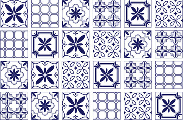 Seamless Mediterranean Italian geometric pattern. Vector blue and white illustration of Italian tiles, ceramics, azulejos, patterns, mosaics, ornaments for backgrounds, textiles, or banners.
